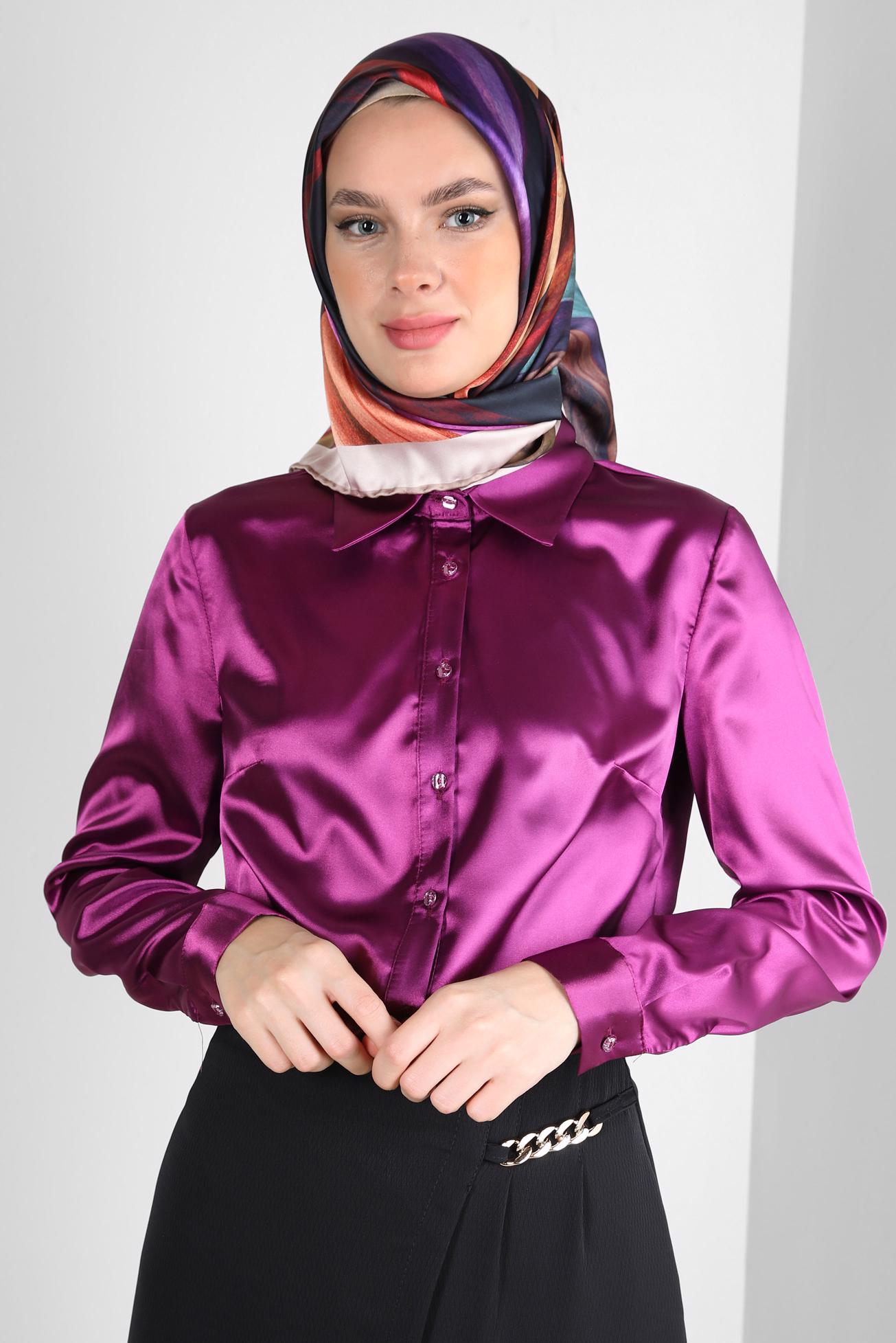 Tesettür giyim MOR DÜĞMELİ SATEN BLUZ 43755